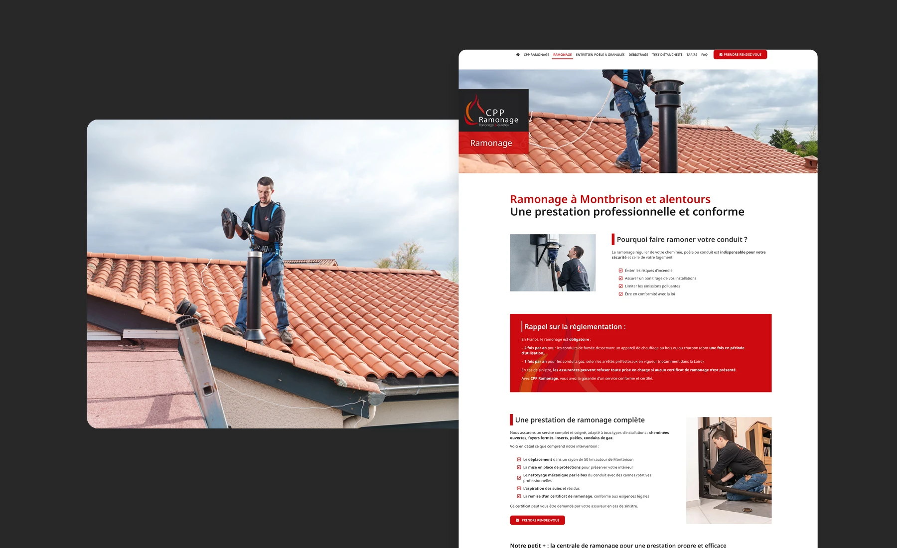 Création site vitrine, photos et rédaction de textes pour un artisan de la Loire, CPP Ramonage