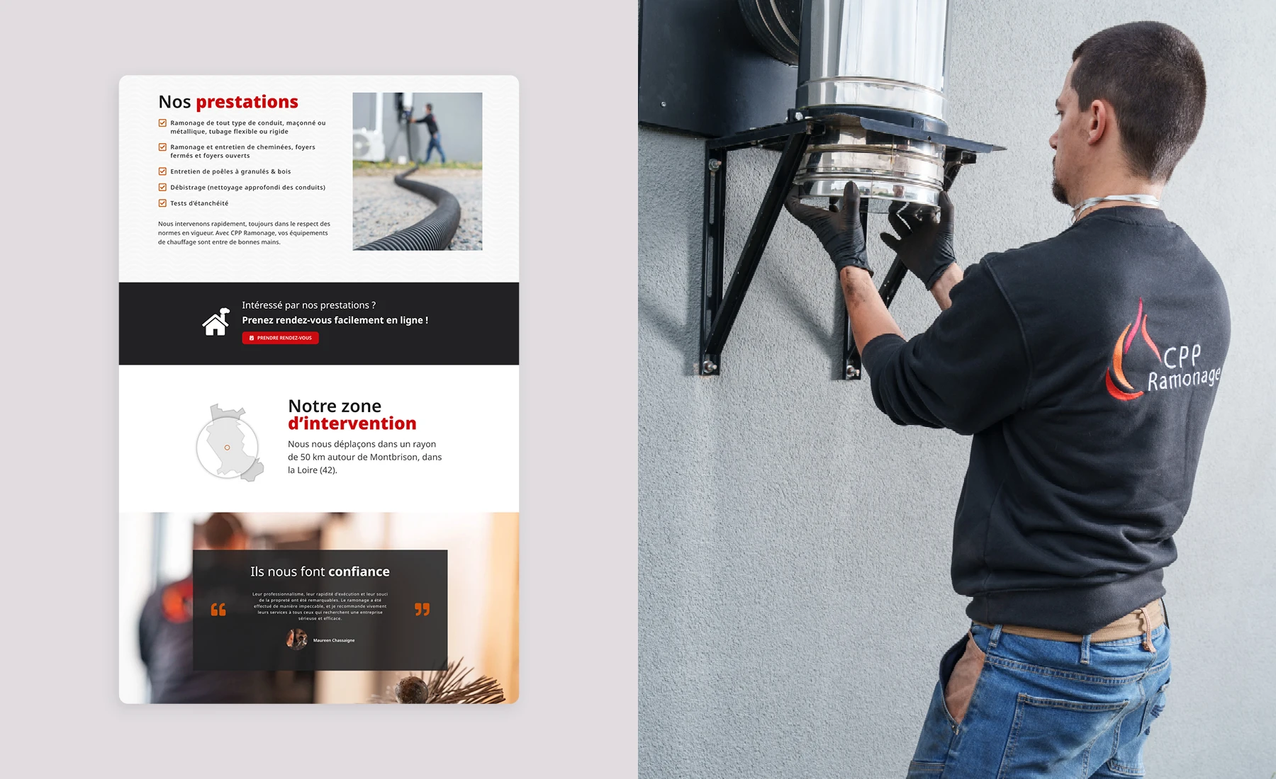 Création site vitrine, photos et rédaction de textes pour un artisan de la Loire, CPP Ramonage